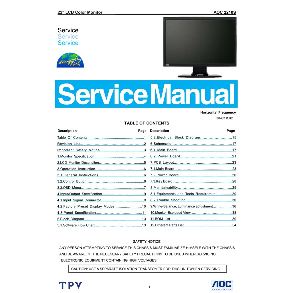 Hướng dẫn sửa chữa và sơ đồ màn AOC 2210S