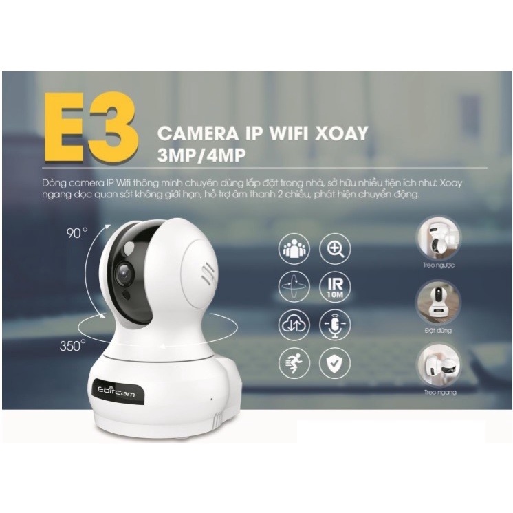 Camera IP Wifi Ebitcam E3 2MP - Quét 360 Độ, Trắng, 1/2.7" CMOS