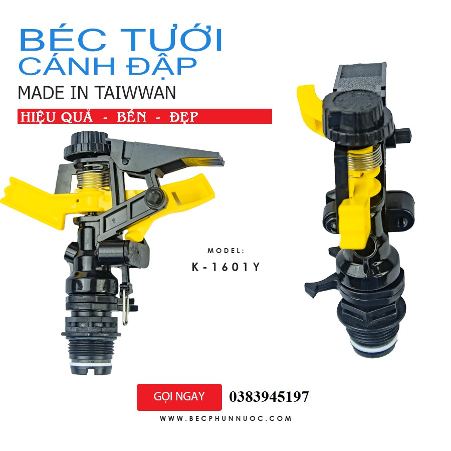 Combo 5 cái Taiwan- K1601Y Béc tưới cây cánh đập tùy chỉnh góc , xoay 360 độ, ren 27, bán kính 8-12m, 1 vòi phun