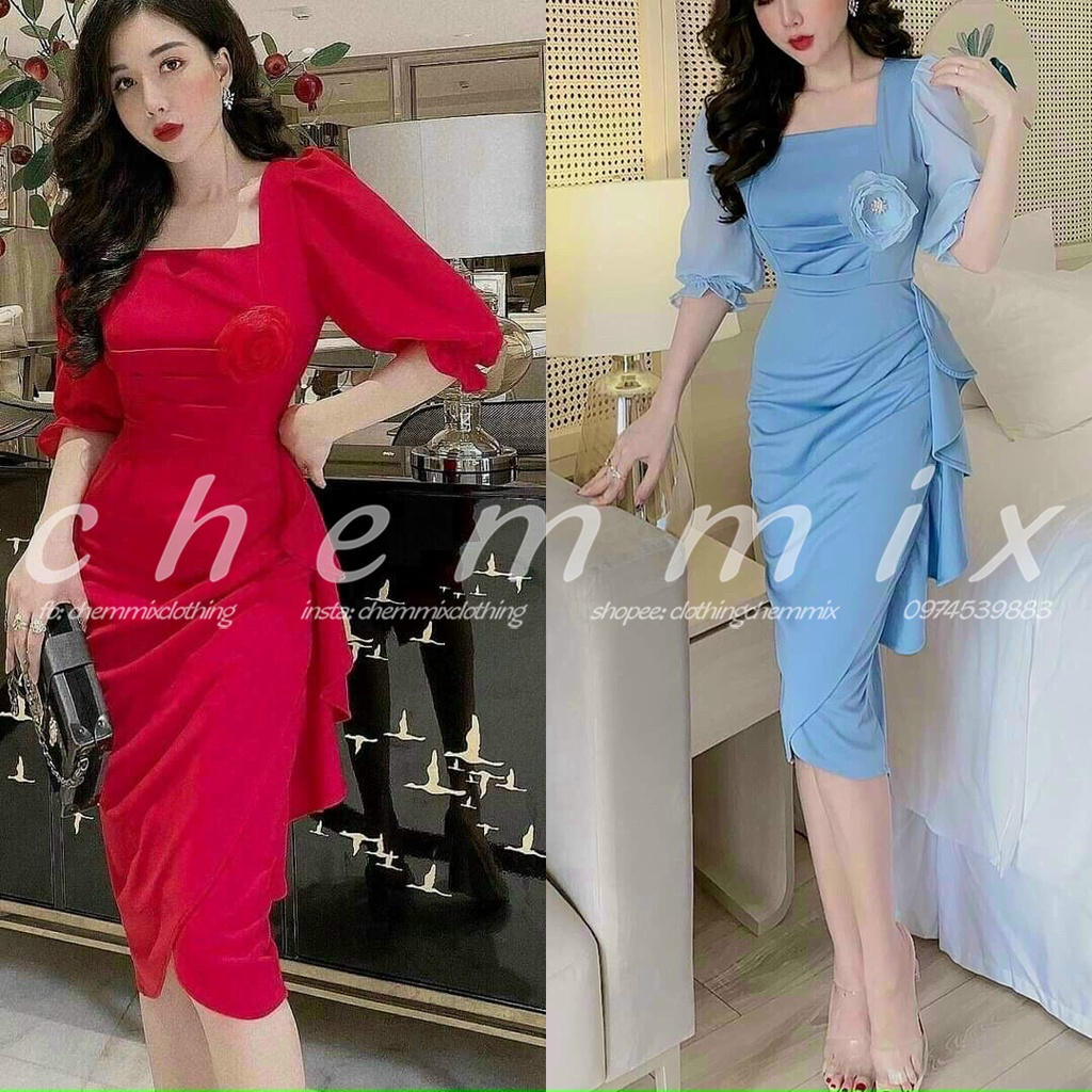 Đầm dự tiệc cổ vuông tay lỡ nhún eo ChemMix thiết kế siêu xinh cho nàng dạ hội, hẹn hò