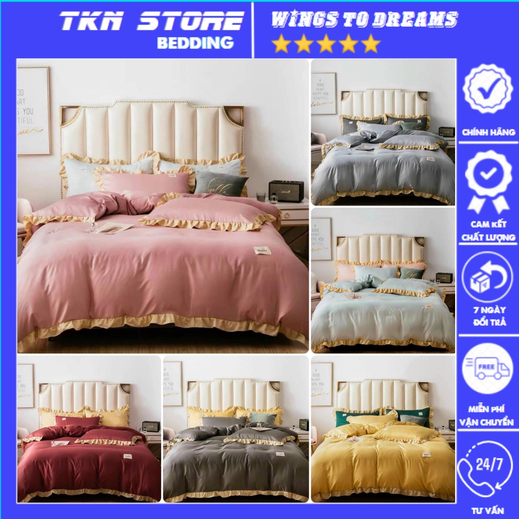 Bộ chăn ga gối Cotton Tici phối viền bèo xinh xắn , vỏ chăn mền, drap giường và 2 vỏ gối (miễn phí bo chun)