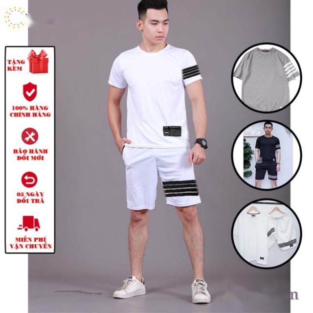 Bộ thể thao nam phối 4 sọc tay chất thun mềm mịn thoáng mát