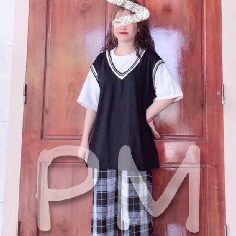 [ Mã FAMAYWA2 giảm 10K đơn 50K] sét áo gile viền kẻ+quần kẻ ống rộng | BigBuy360 - bigbuy360.vn