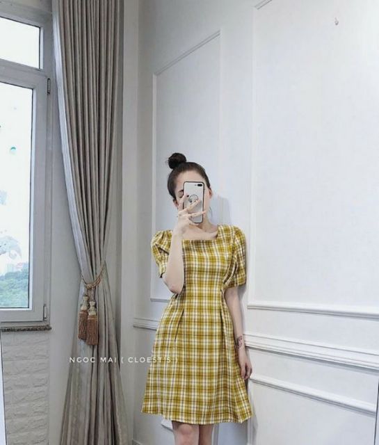 Đầm kẻ sọc cột dây nơ QC ( Ảnh thật)