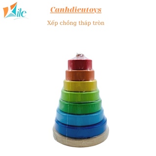 Xếp chồng tháp tròn, gỗ tự nhiên, luyện vận động tinh, luyện khéo tay, kiên trì, nhận biết màu sắc