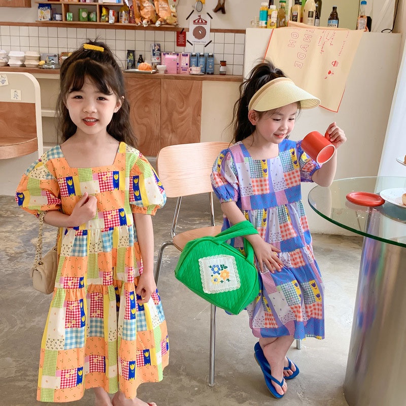 Đầm Tay Ngắn Phồng Cổ Vuông Họa Tiết Sọc Caro Dễ Thương Cho Bé Gái