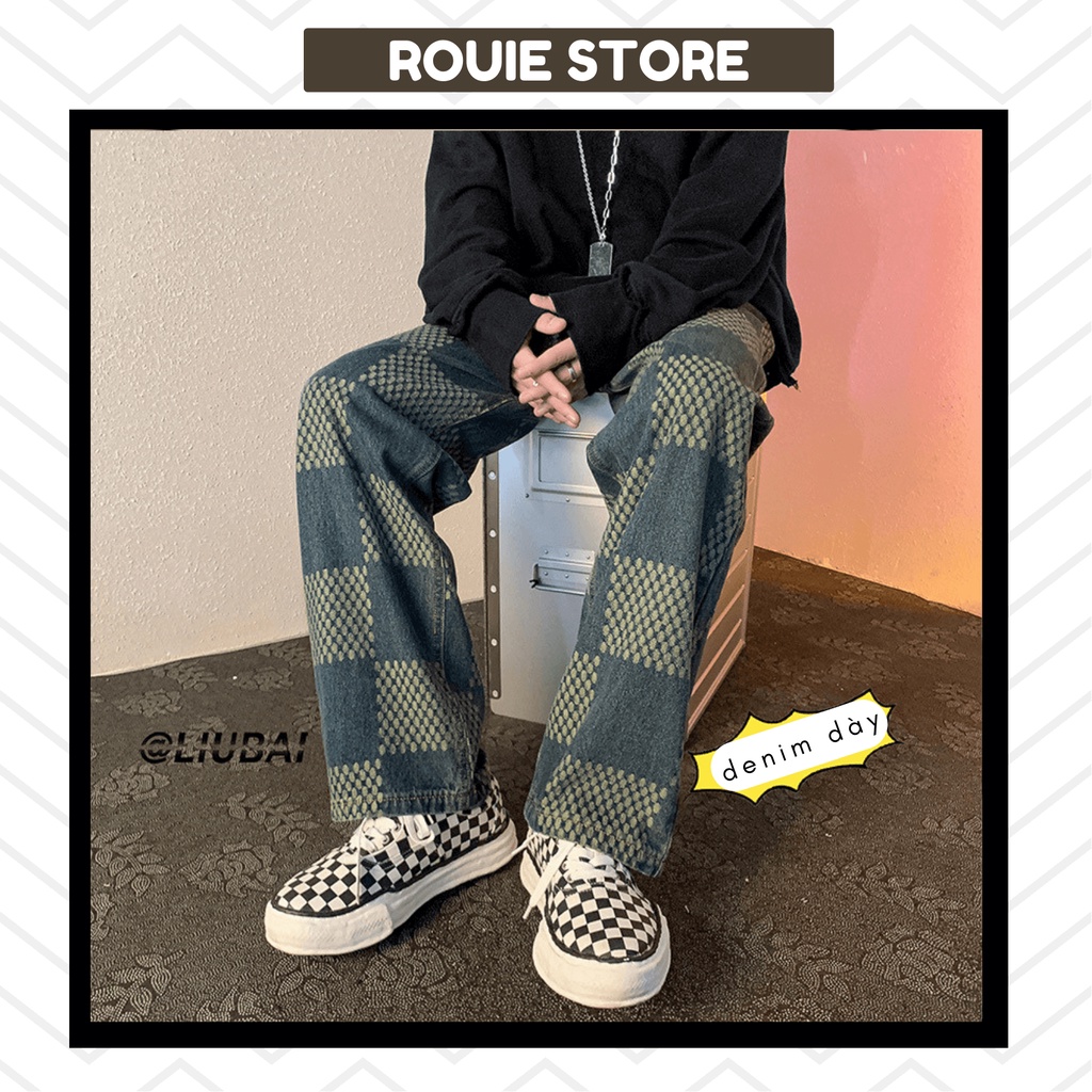 Quần jeans Nam kẻ caro phiên bản Hàn Quốc của xu hướng trong mùa thu quần ống rộng cùng ROUIE Store.