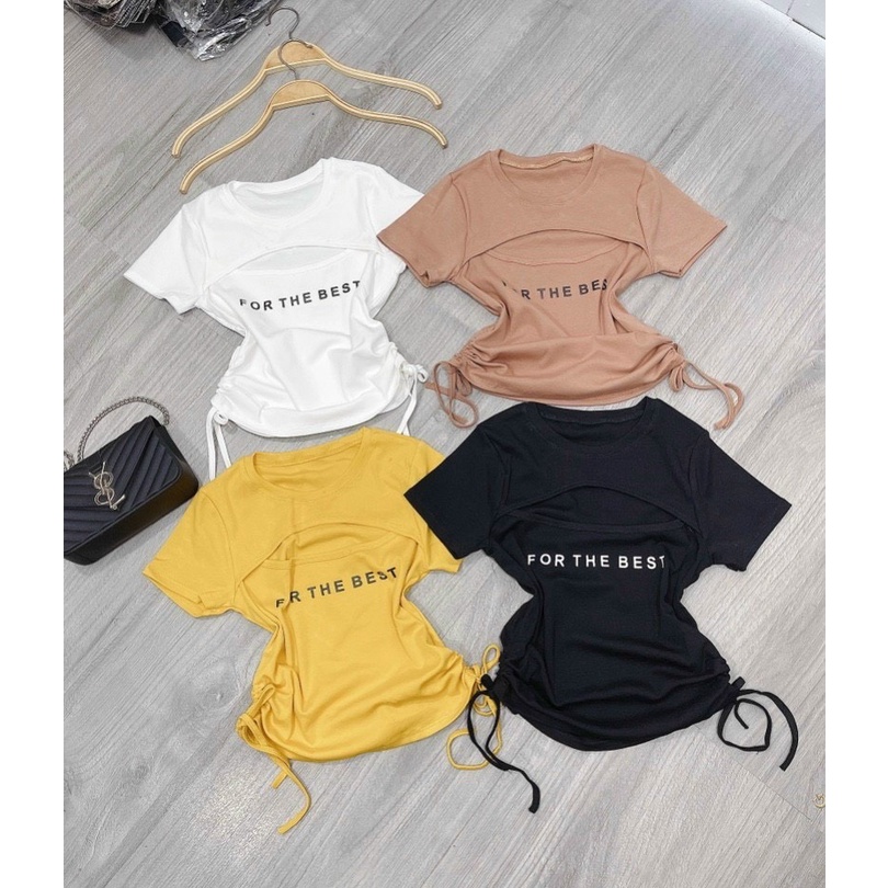 áo croptop cut out hở ngực rút dây 2 bên in chữ xinhhhh