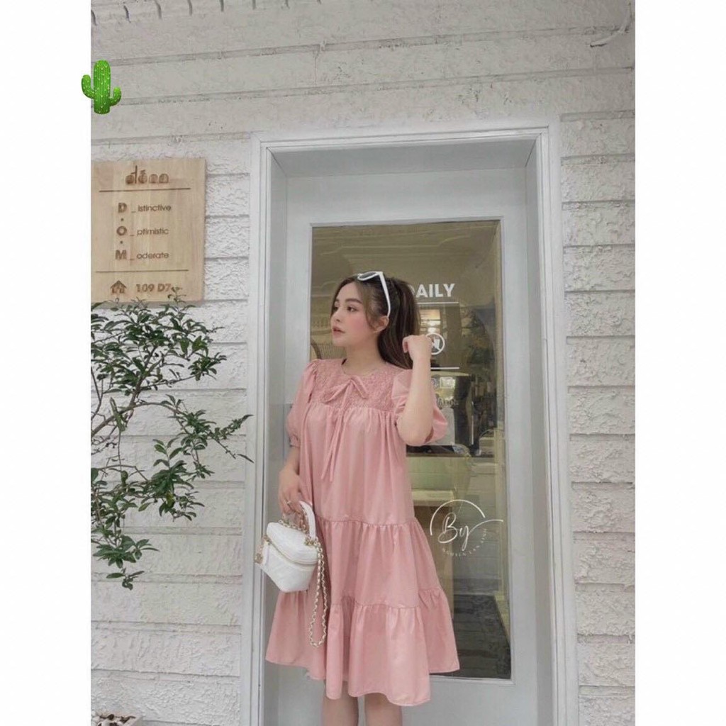 Đầm Babydoll Voan Nơ Cổ
