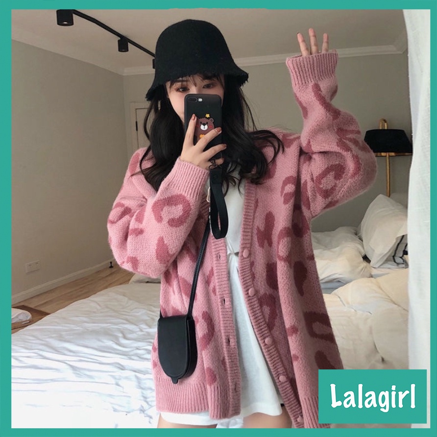 Áo khoác cadigan len họa tiết da báo dáng dài