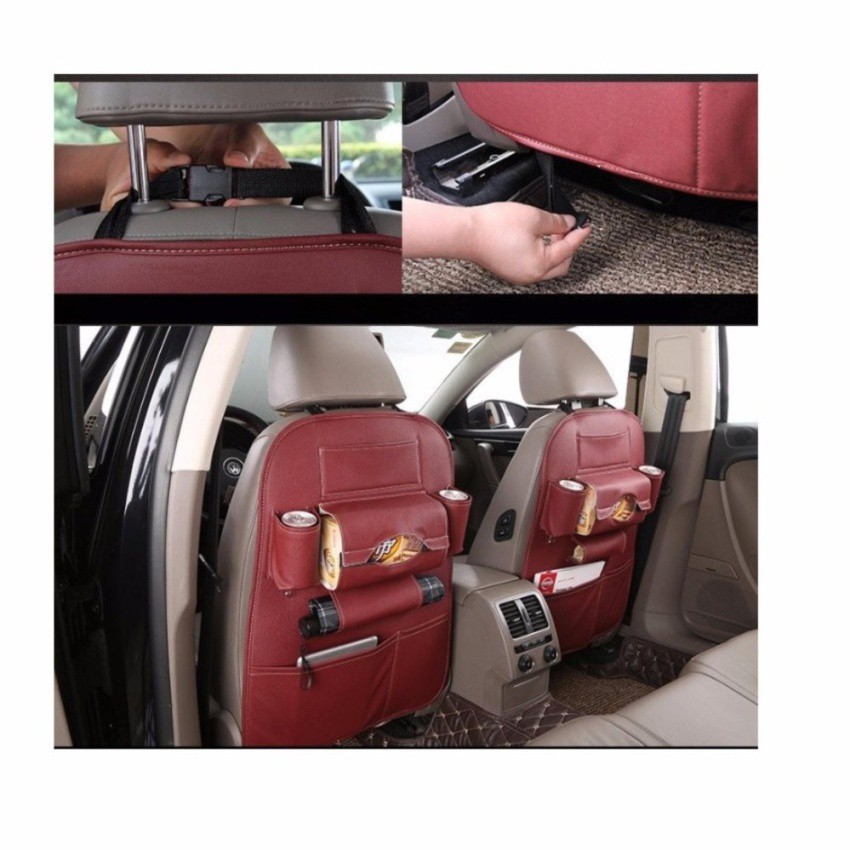 Túi đựng đồ 7 ngăn sau ghế xe hơi đa năng bằng da cao cấp (màu mận chín)