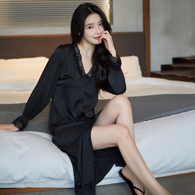 Đồ ngủ Tay Dài Vải Lụa Phối Ren Thời Trang Quyến Rũ Cho Nữ