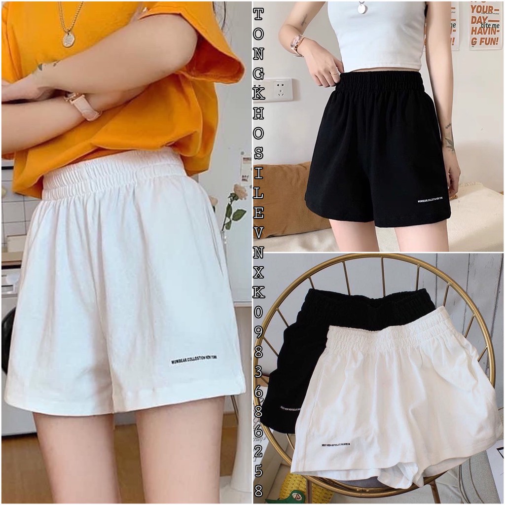 Quần Đùi In Họa Tiết Chữ Cái Dáng Ngắn Nữ - Short cạp chun form rộng thiết kế basic 2 màu đen / trắng Ulzzang