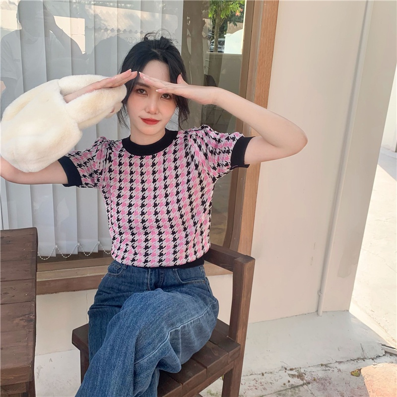 Áo kiểu tay ngắn dáng ôm hoạ tiết Houndstooth phong cách Hàn Quốc