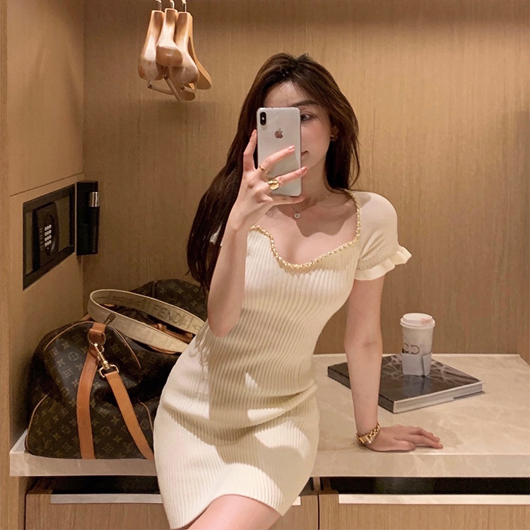 Đầm SUXI dệt kim ngắn tay màu sắc đơn giản thời trang hè cho nữ