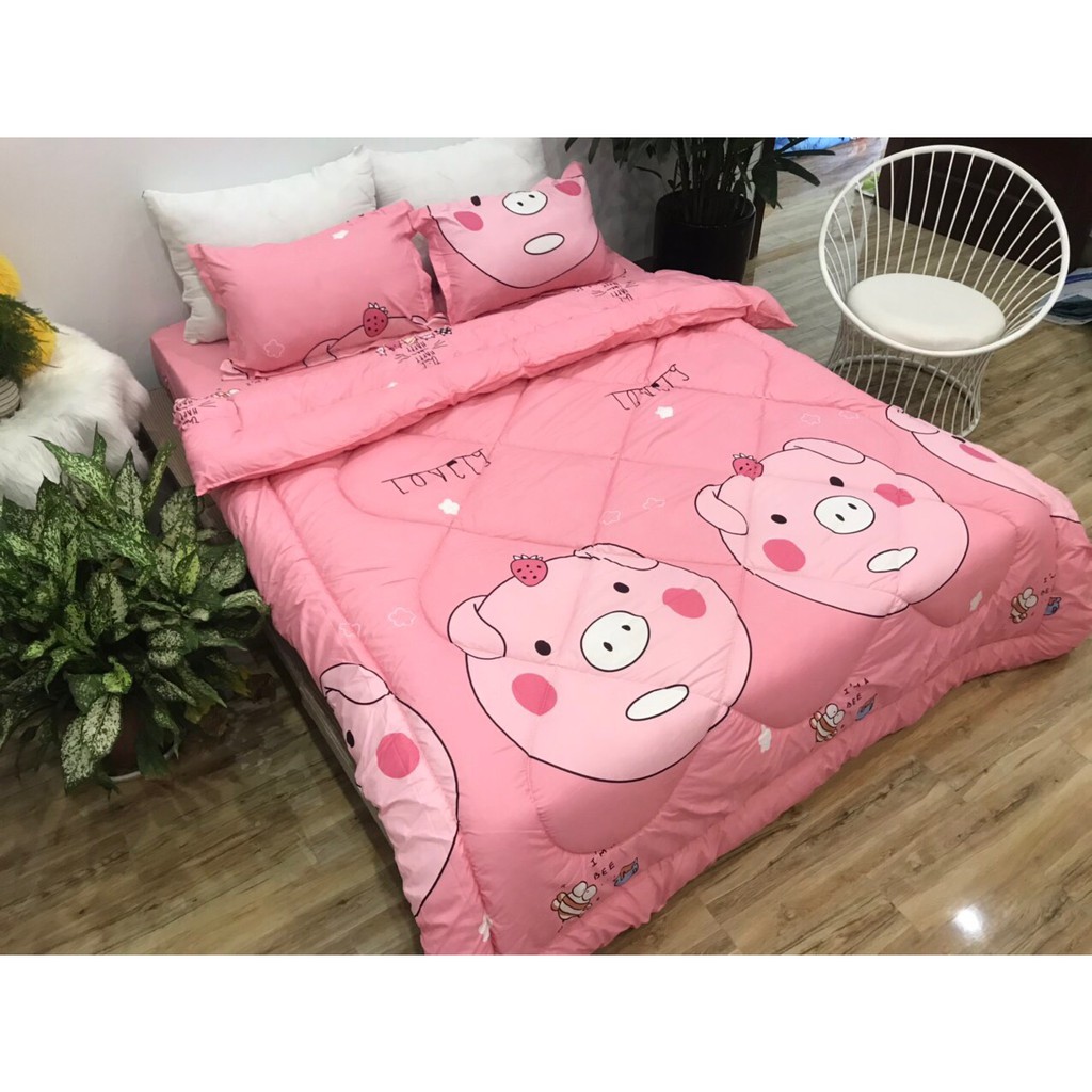 Bộ chăn phao ga gối poly cotton MẪU - lợn hồng