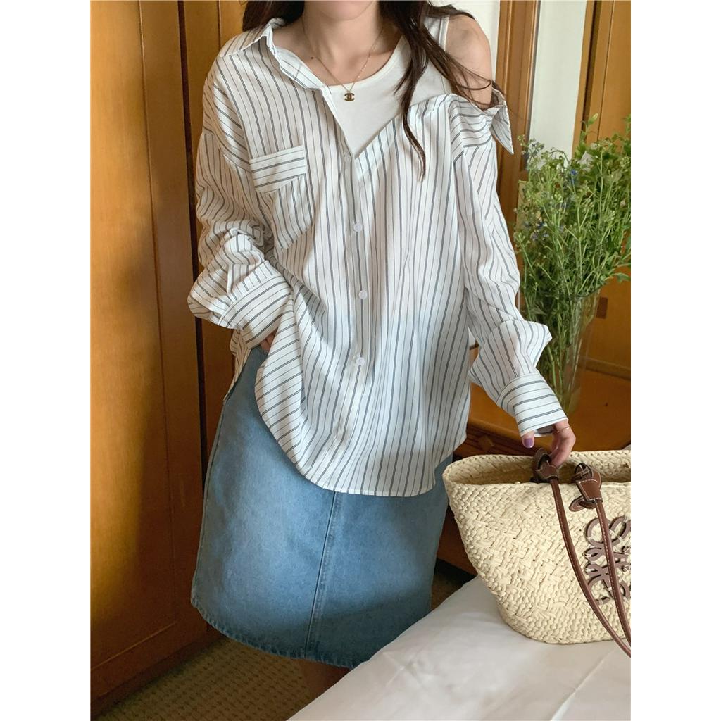 Áo Sơ Mi Kẻ Sọc Dài Tay Phối Lớp Ngoài Phong Cách Hàn Quốc 54450