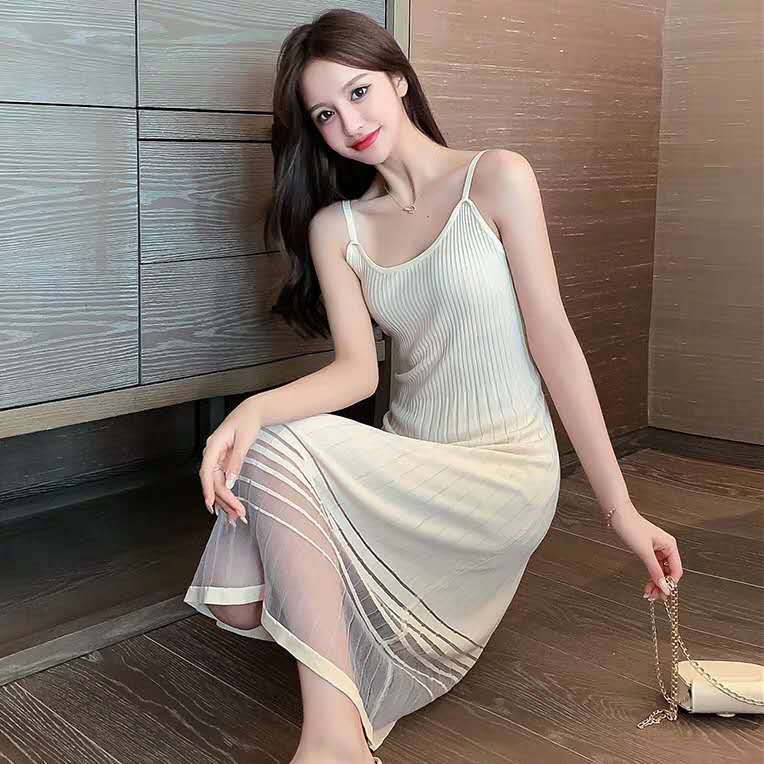 Summer new style mesh splicing ice silk suspender A-line slim and fashionable wear outside and bottom knitted skirt | BigBuy360 - bigbuy360.vn