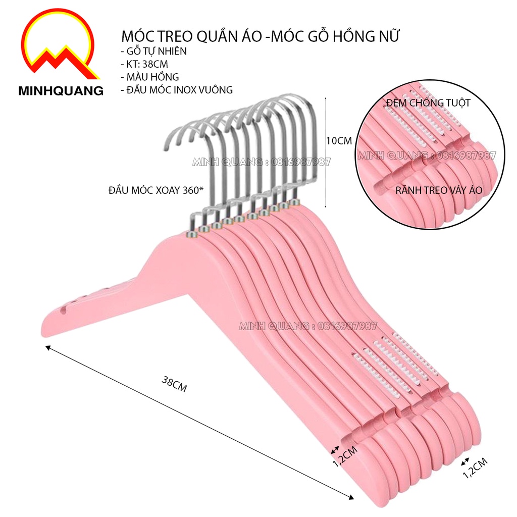 móc treo quần áo gỗ hồng, có đệm cao su chống tuột, đầu móc xoay 360, dùng cho cửa hàng shop thời trang và khách sạn