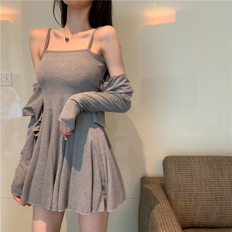 Set áo khoác + đầm ngắn hai dây phong cách Hàn Quốc gợi cảm thời trang hè cho nữ