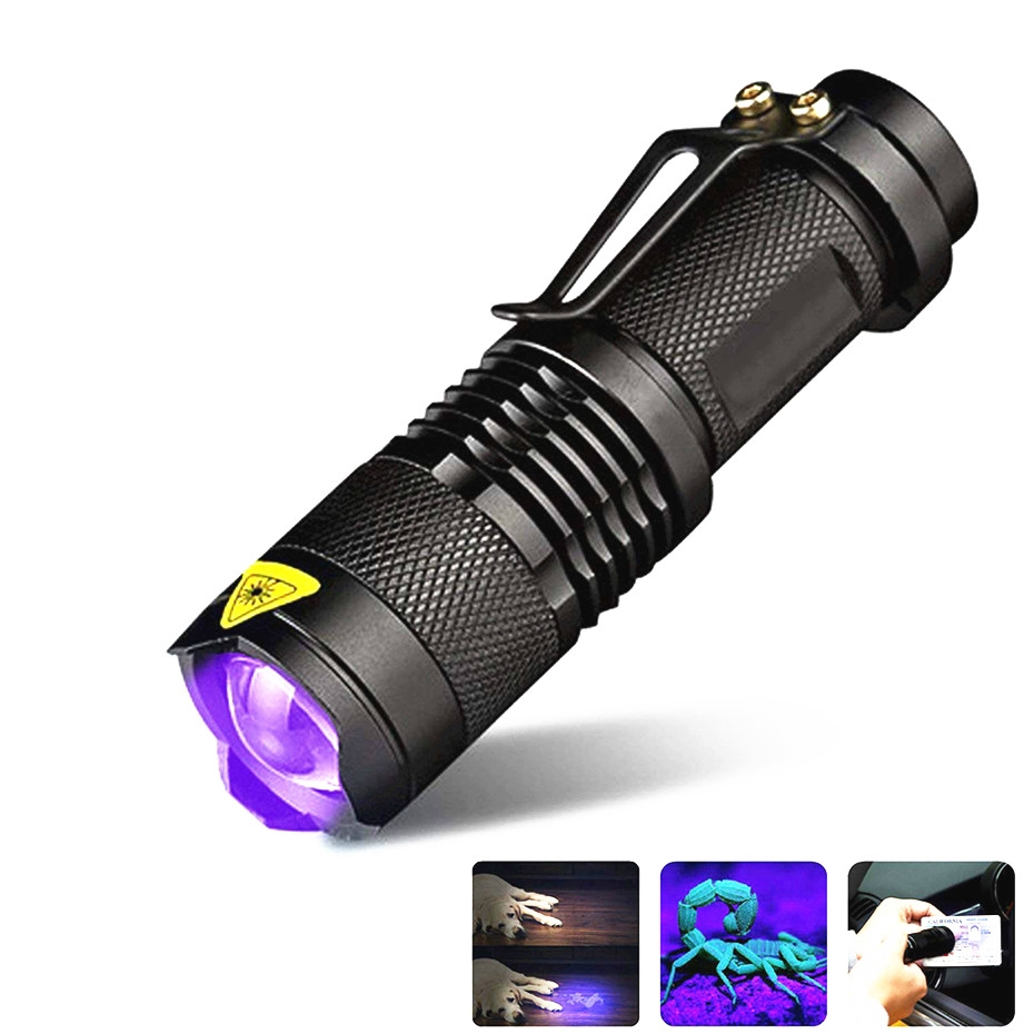 Mini LED UV Flashlight Torch Zoom 365nm/395nm Ultraviolet Violet Light Stains Money Detector AA/14500 Battery