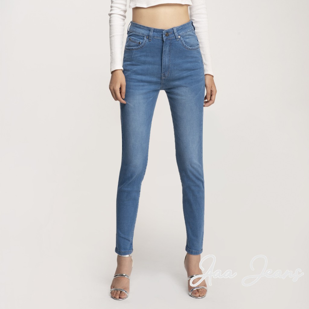 Quần Jean Nữ Dài Lưng Cao Dáng Skinny Xanh Biển Aaa Jeans