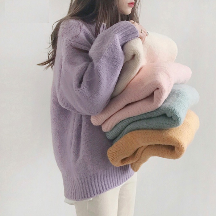 Áo sweater Pure Cube dệt kim cổ tròn dáng rộng kiểu Hàn Quốc thời trang thu đông thích hợp cho nữ