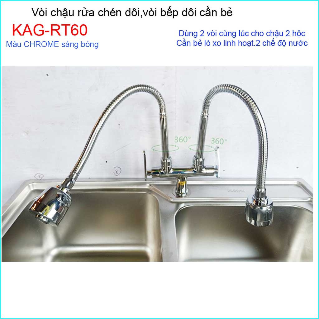 Vòi rửa chén đôi lò xo KAG-RT60, vòi rửa chén lạnh cần bẻ, vòi chậu 2 hộc, vòi rửa chén bát xả nước mạnh sử dụng tốt