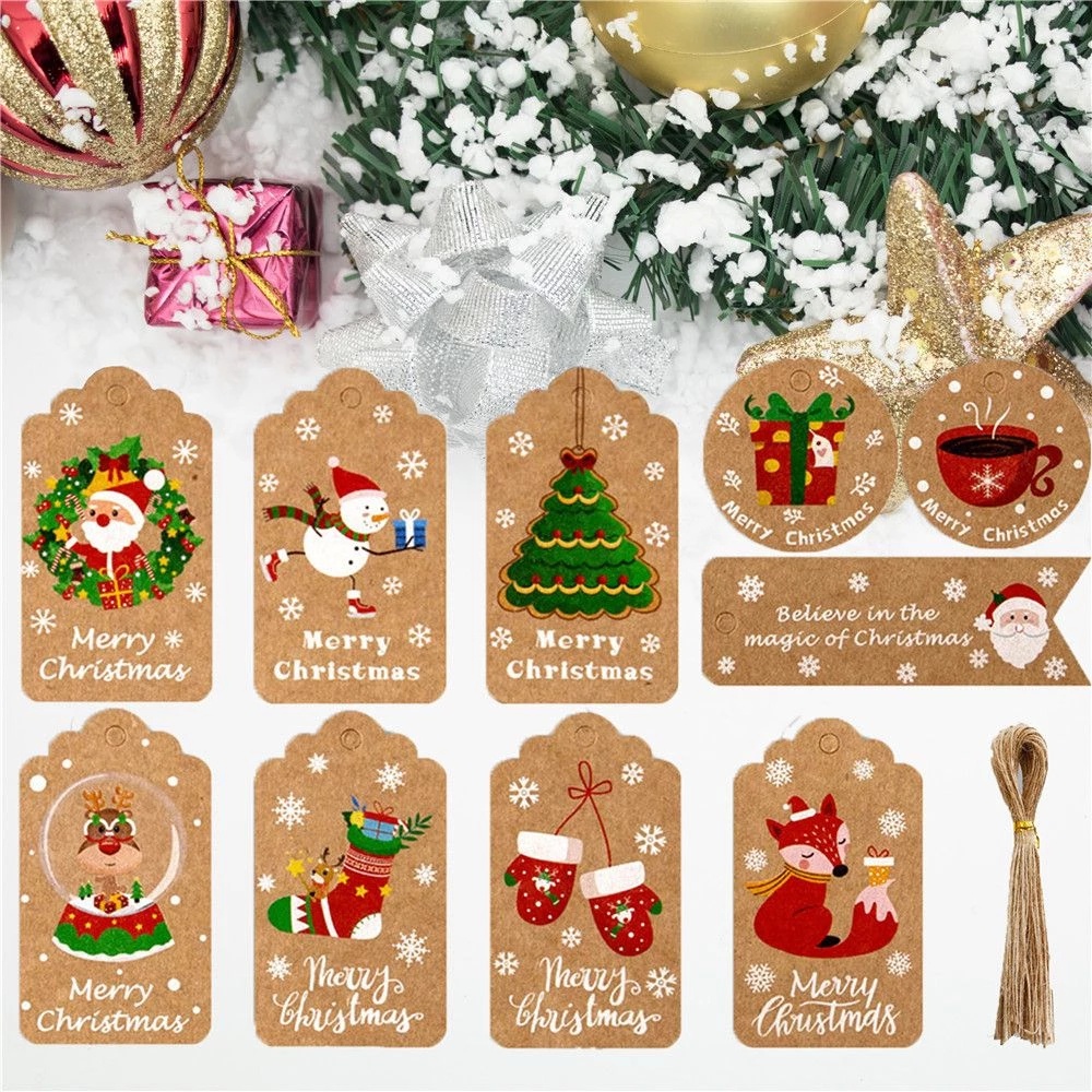 Set 50 Nhãn Giấy Kraft Họa Tiết Giáng Sinh Trang Trí Cây Thông Noel