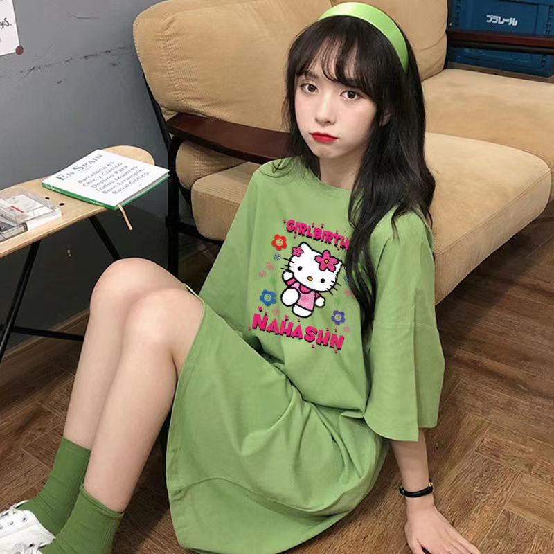 Áo Thun Tay Ngắn Dáng Rộng In Hình Mèo kitty Dễ Thương