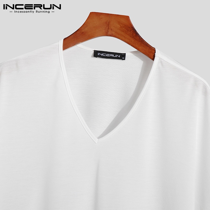 Áo trắng INCERUN tay ngắn cổ chữ V dáng rộng phối tua rua phong cách dân tộc dành cho nam giới