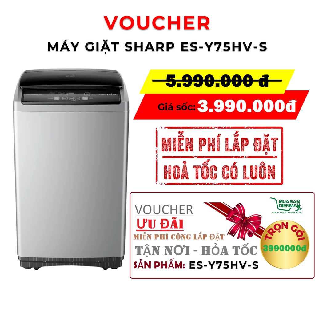 Voucher Lắp Đặt Hỏa Tốc Miễn Phí Máy Giặt Cửa Trên Lồng Đứng 7.5Kg Sharp ES-Y75HV-S 145W Tự động vệ sinh Lồng Giặt