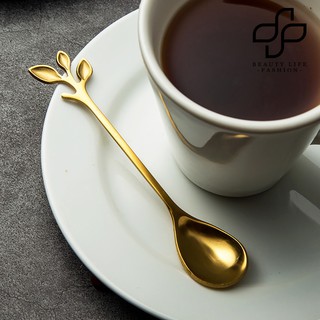 [Moon] Creative Leaf Stainless Coffee Mixing Spoon Fork Kitchen Flatware