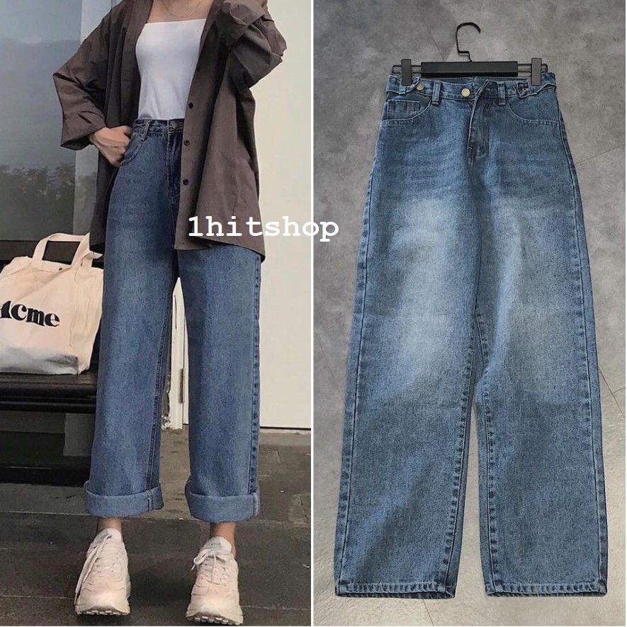 Quần Jean Ống Rộng SIMPLE JEAN Ulzzang Unisex (Gài nút 2 bên lưng) 1hitshop