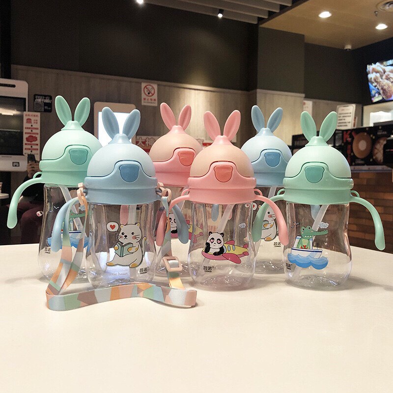 Bình Tập Uống Nước Cho Bé Có Dây Đeo 280ml Hình Tai Thỏ