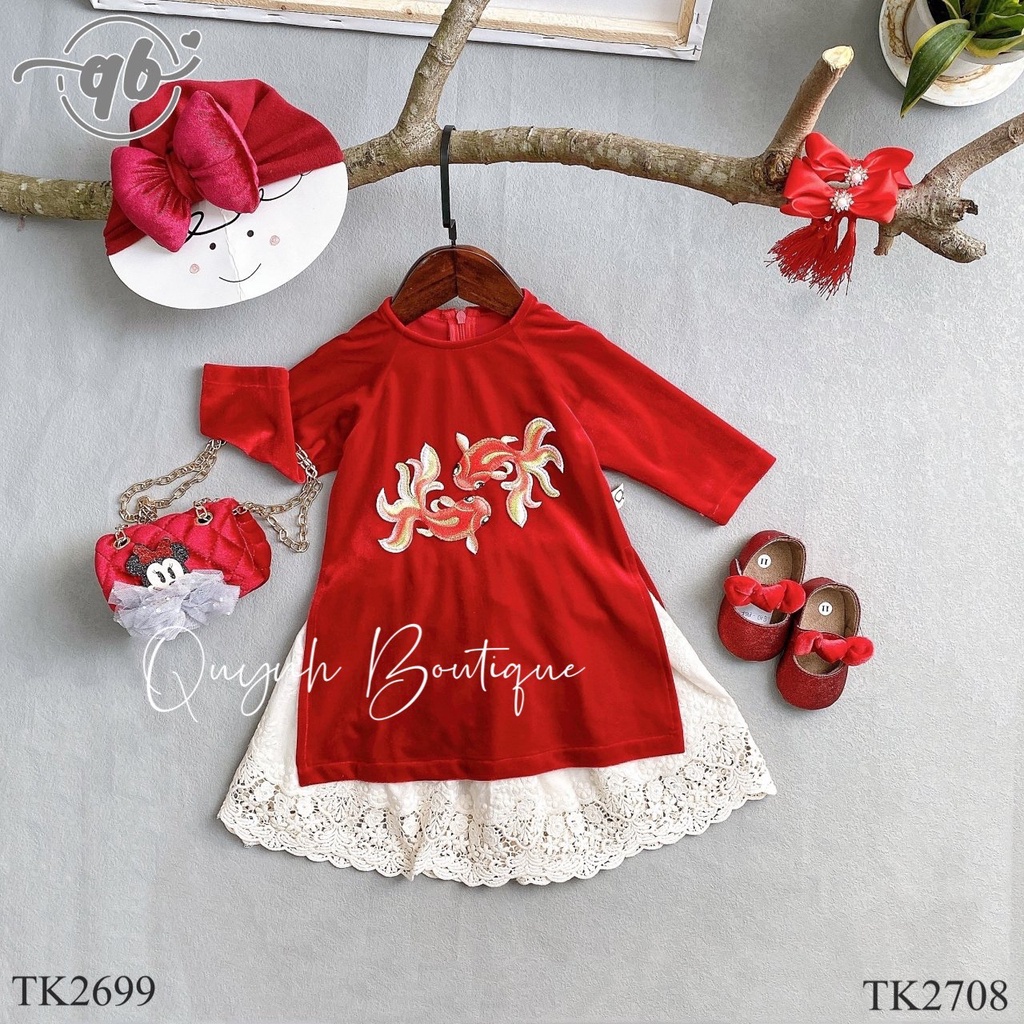 Quần Áo Trẻ Em Quỳnh Boutique Mẫu áo dài cách tân đỏ cá vàng cực yêu cho bé