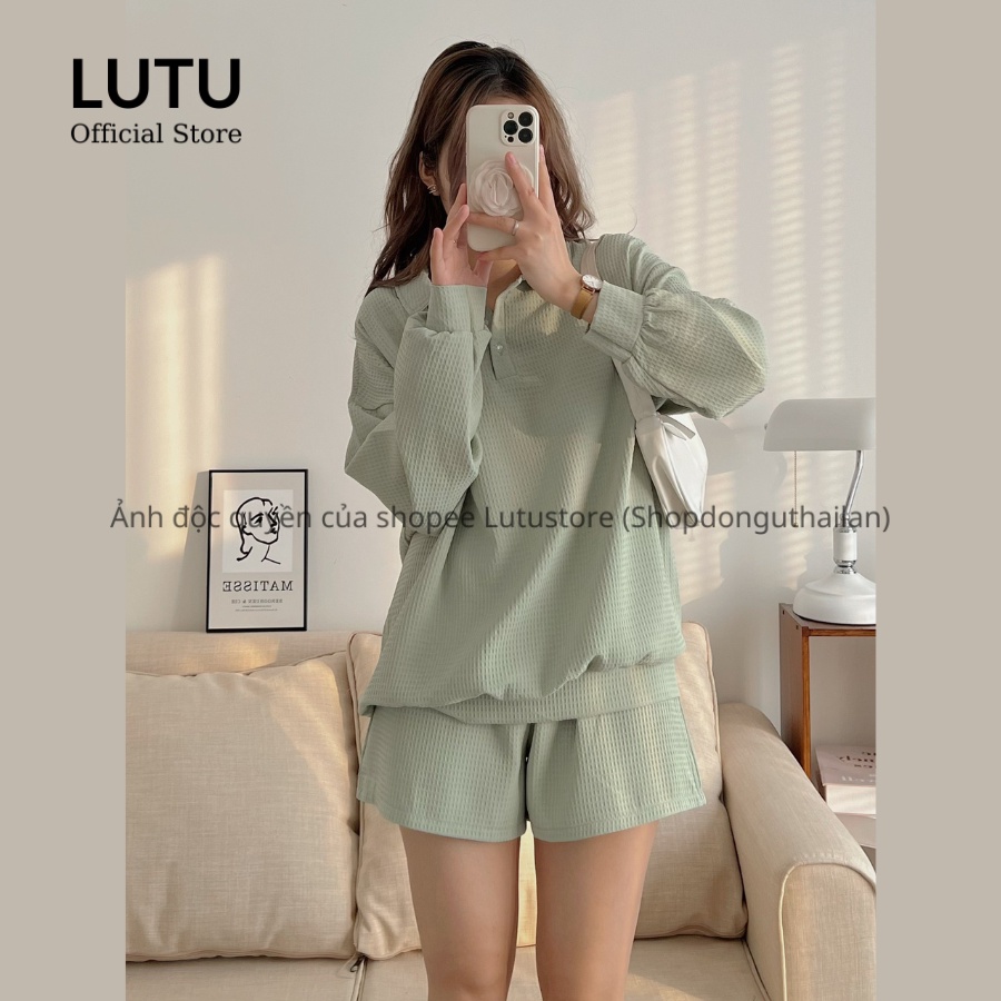 Set cotton tổ ong nữ áo dài tay cổ hai khuy mix quần short kiểu dáng năng động