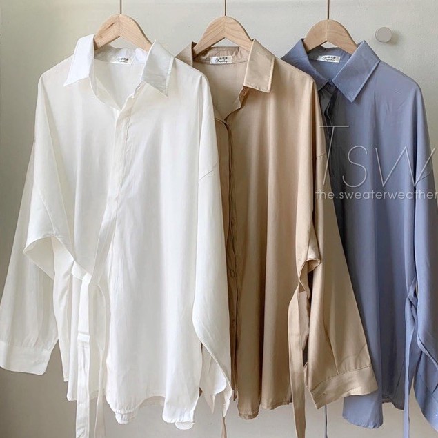 Áo sơ mi nữ form rộng chất tuyết hàn có dây thắt eo hàng Quảng Châu, sơ mi dài tay đi học đi chơi ASM05