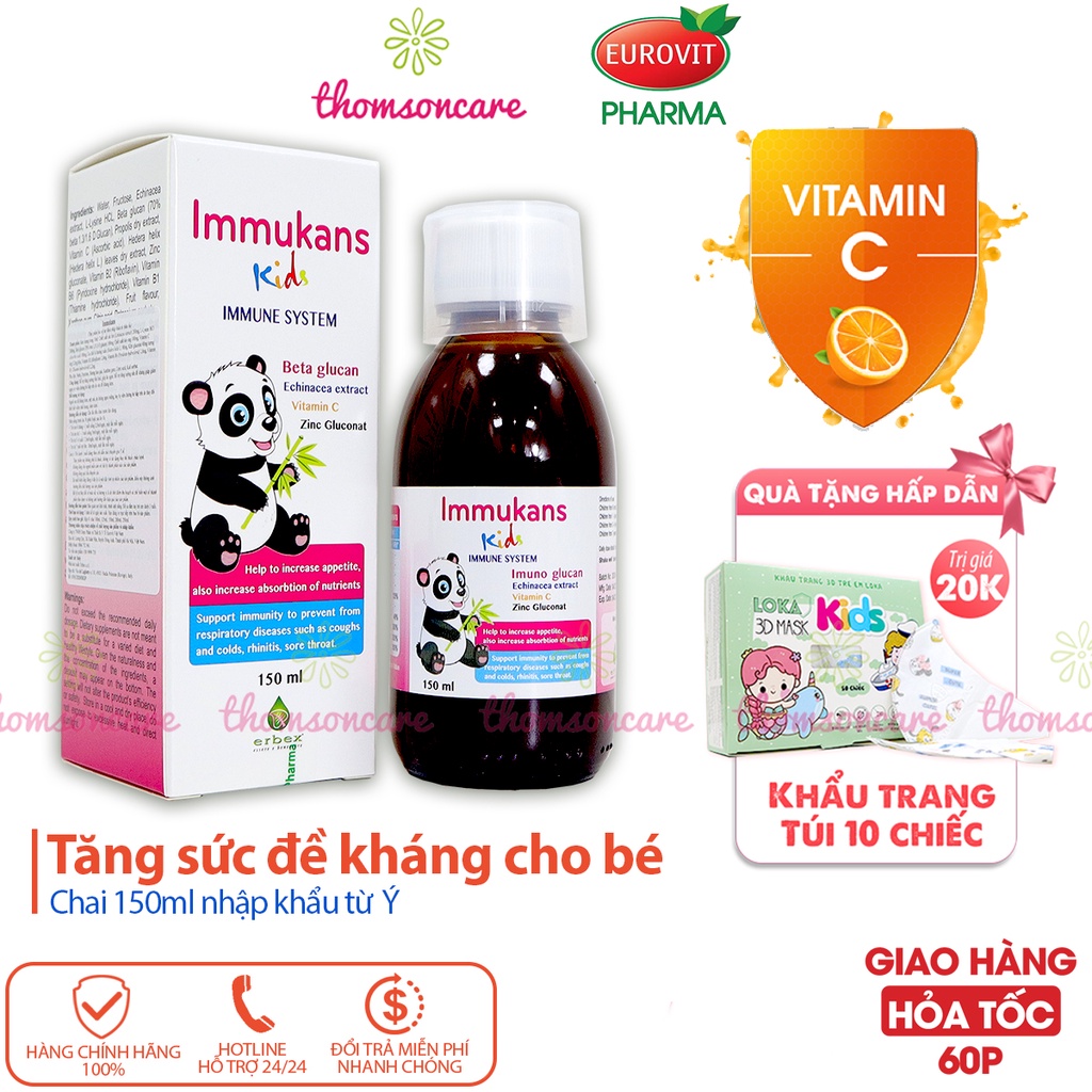 Siro tăng sức đề kháng và ăn ngon Immukans Kids - từ keo ong có thêm vitamin C cho bé từ Ý - Chai 150ml