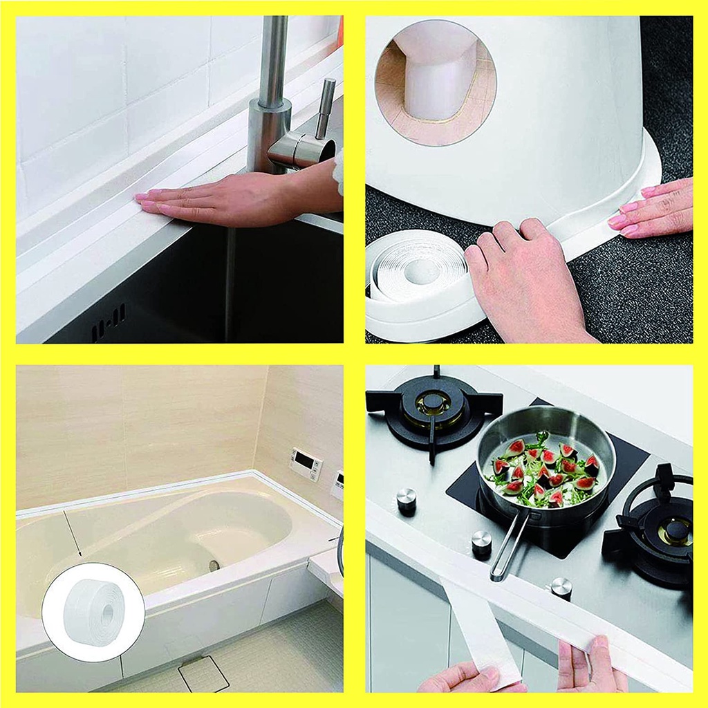 Bộ 2 Cuộn Băng Keo Tự Dính Có Thể Sử Dụng Cho Trang Trí Nhà Bếp / Bồn Rửa / Vòi Sen / Vòi Sen / Bếp Gas / Bếp Ga (38mm x 3.2m Màu Trắng + Dòng Chảy YR