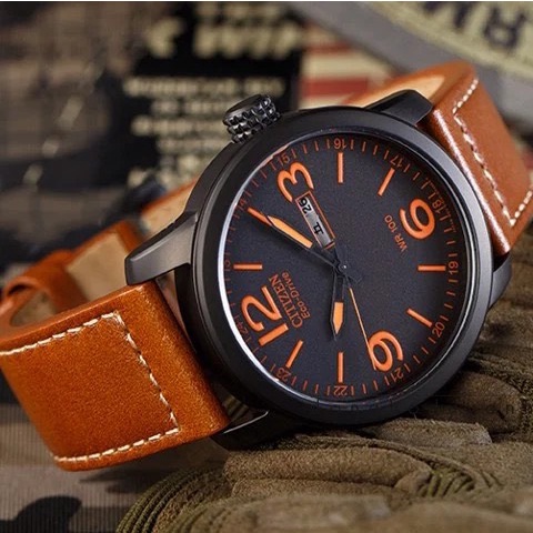 Đồng Hồ Nam Citizen BM8475-26E Eco-Drive  Dây Da Vỏ Đen Cọc Số Cam Dạ Quang
