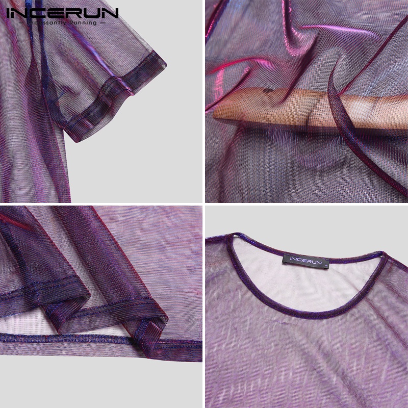 Áo kiểu INCERUN ngắn tay vải mềm mại xuyên thấu sáng bóng quyến rũ thời trang cho nam