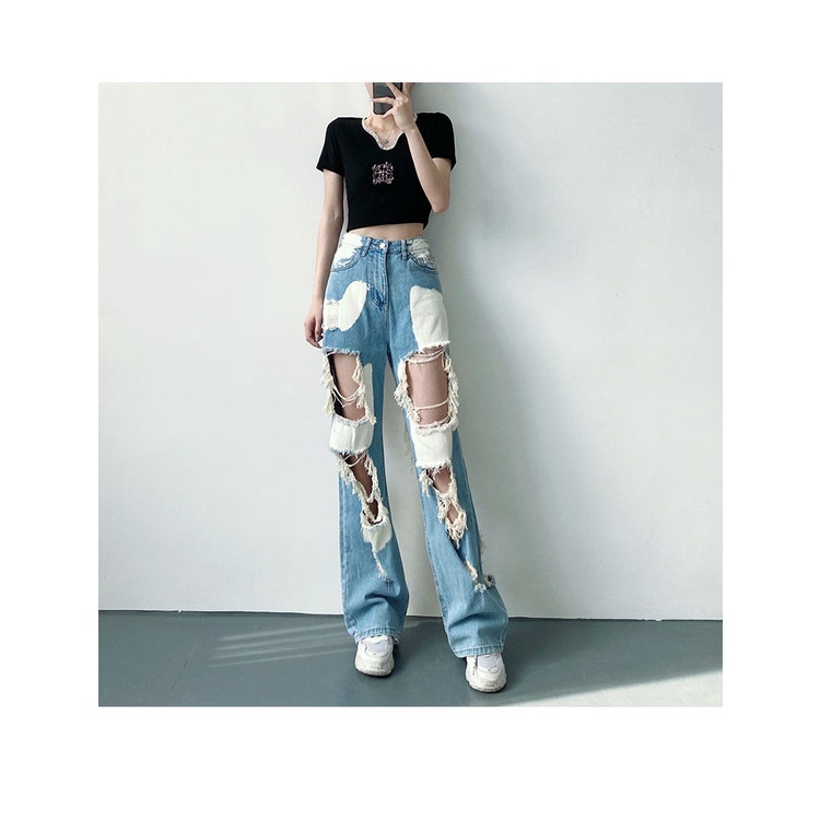 Quần jean rách ống suông lưng cao thời trang cho nữ