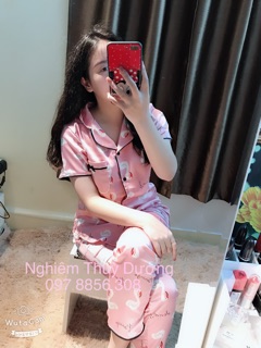 [Ảnh thật]Bộ ngủ lụa Pijama hồng hạc