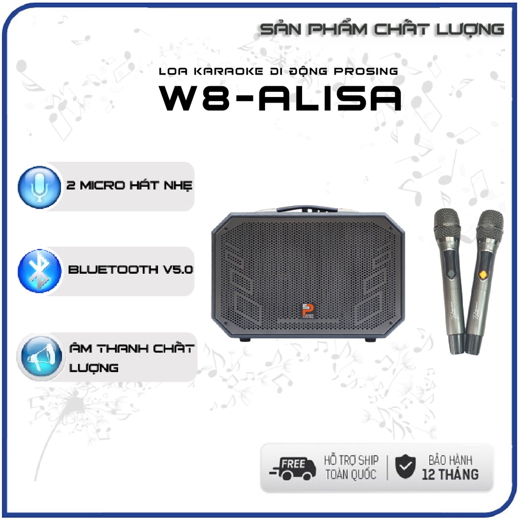 Loa karaoke di động PROSING W8-ALISA chính hãng, Kèm 2 Micro, Tặng 1 USB 8Gb chứa nhạc