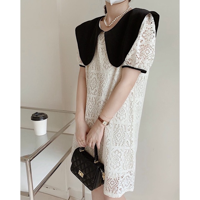 Váy Ren Cổ Nơ Đen Dáng Suông A Rất Xinh