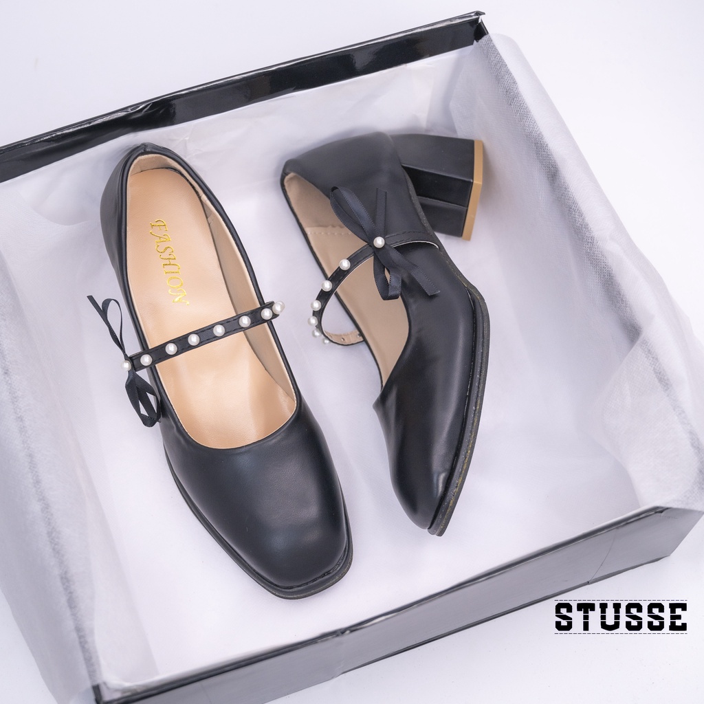 Giày Cao Gót Nữ Mary Jane Mũi Vuông Phối Nơ Ngọc Vintage - GD02