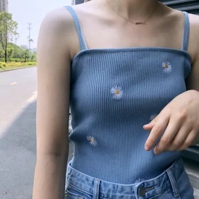 Áo hai dây ZHELIHANGFEI vải dệt kim thêu họa tiết hoa cúc xinh xắn