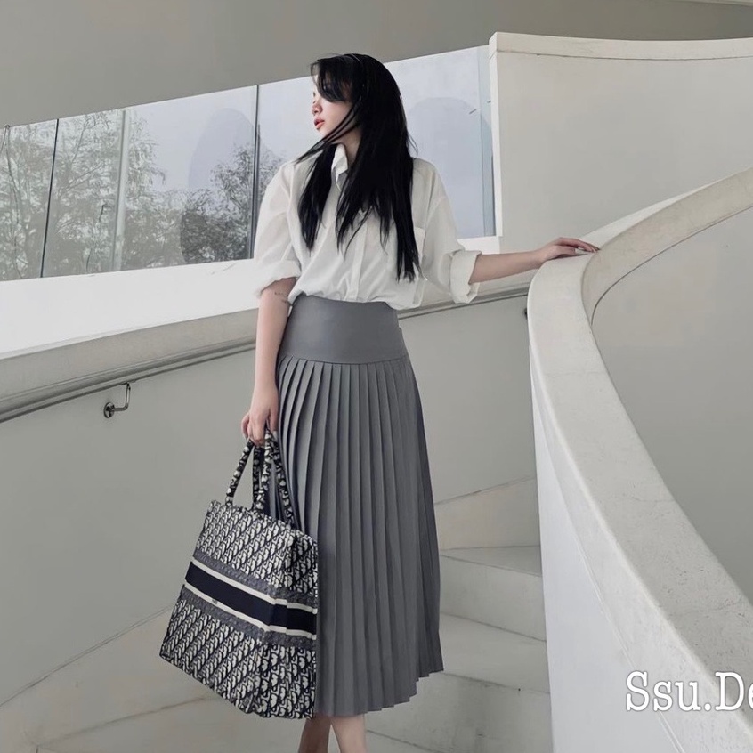 CV218 - Chân váy dập ly LINH RUBI STORE  dáng xòe dài lưng cao chất tuyết mưa cao cấp