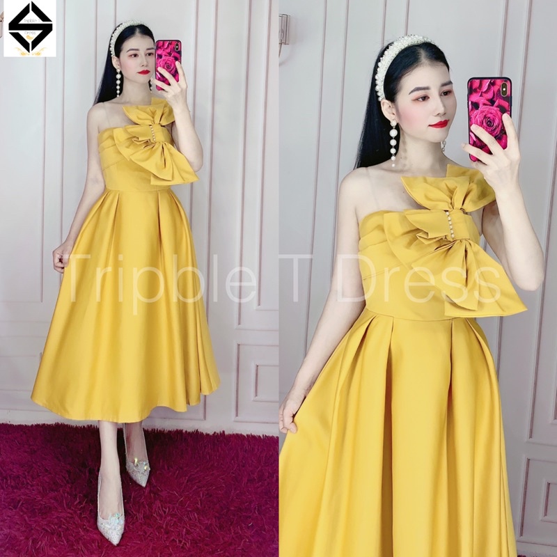 Đầm xoè dự tiệc 1 vai chéo ngực chất lụa taffeta phối nơ 3 cánh siêu xinh - size M/L - MS345V